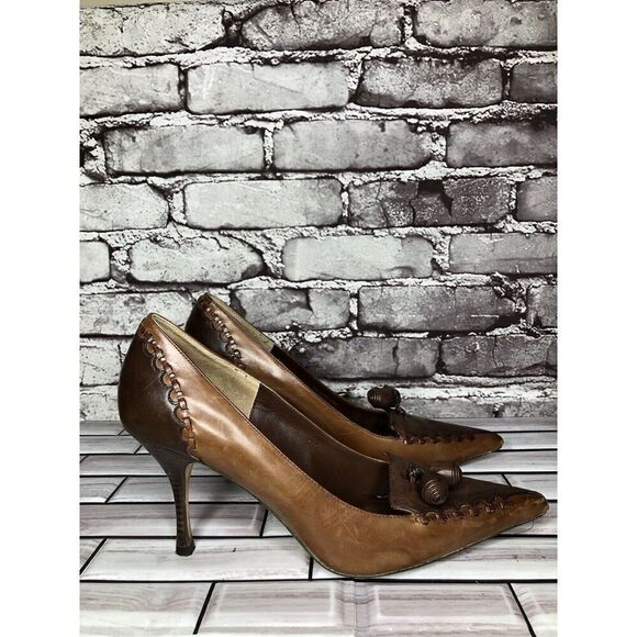 Max Studio Quibble Brown Leather Pointed Tassel High Heels Women Sz 8.5M US/39EU - Picture 1 of 16